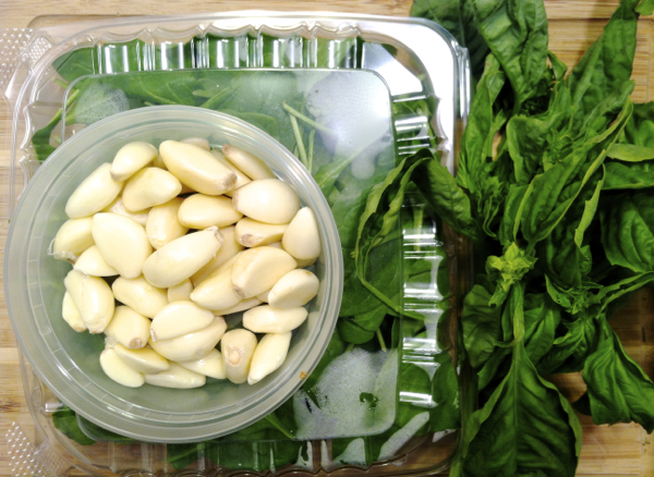 Fresh ingredients from Jimmy's. The tub of peeled garlic cloves costs $1.