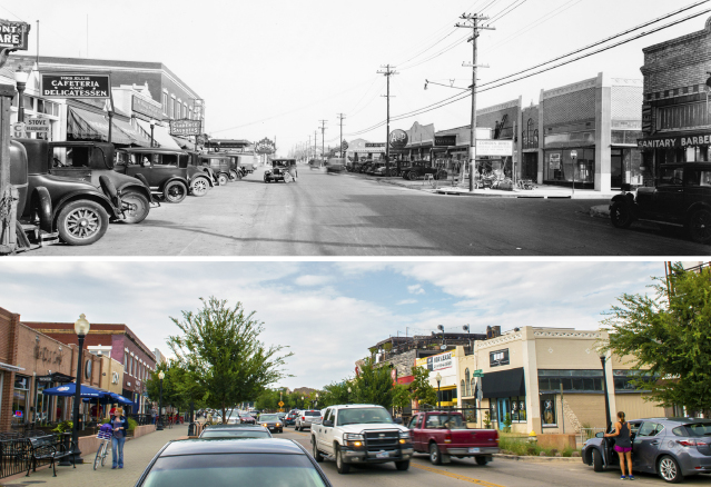 Much has changed but some things have stayed the same on Lowest Greenville, as evidenced by these circa 1930 and present-day photo by Danny Fulgencio that look north onto the avenue. (Historical image from the collections of the Texas/Dallas History and Archives Division, Dallas Public Library) 