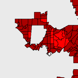 Neon red precincts had a 10-20 percent voter turnout, while brick red precincts showed a 0-10 percent turnout. (Image from dallascountyvotes.com)
