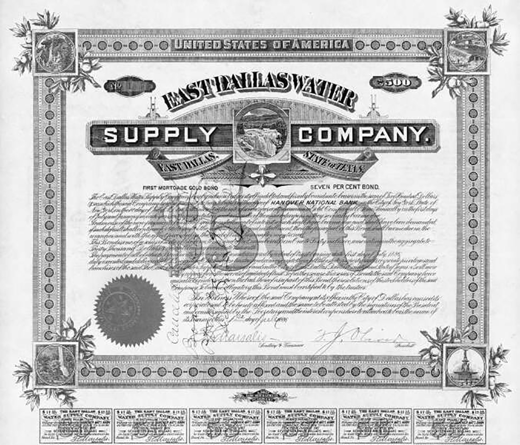 Certificate for shares in the East Dallas Water Supply Company, signed by Thomas Marsalis, developer of Oak Cliff.