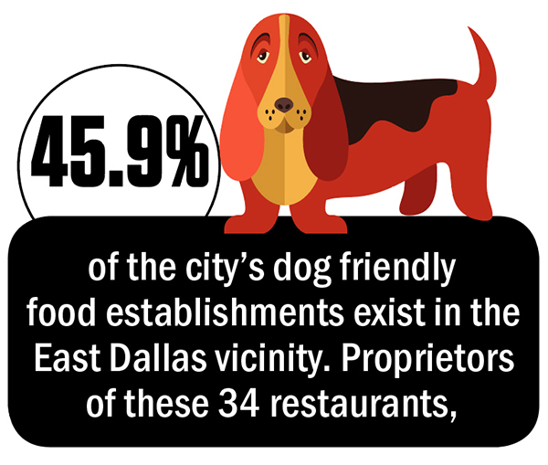 45.9% of the city’s dog friendly food establishments exist in the East Dallas vicinity. Proprietors of these 34 restaurants, of which there are 74 citywide, are permitted to welcome pups on their patios.