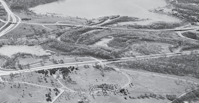 White Rock Lake in 1967 before the dredging in 1974 that formed the peninsula near Mockingbird: Dallas Municipal Archives
