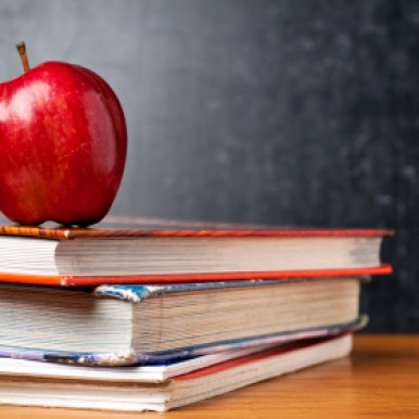 An apple on top of books on a desk. An erased chalkboard is behind the books and the apple.