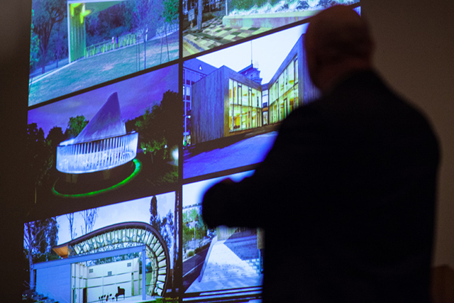 Chad St. John, Jacobs Landscape Architect, runs through conceptual designs, showcasing different approaches to land and structural use. An online survey conducted earlier valued open space integration as one of the priorities for the recreation center. Photos by Rasy Ran