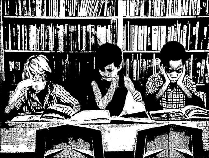 Students study in the Stonewall Jackson library sometime in the 1970s. The news article notes that the students are "exemplifying the 'see no evil, speak no evil, hear no evil' ideal of wisdom."