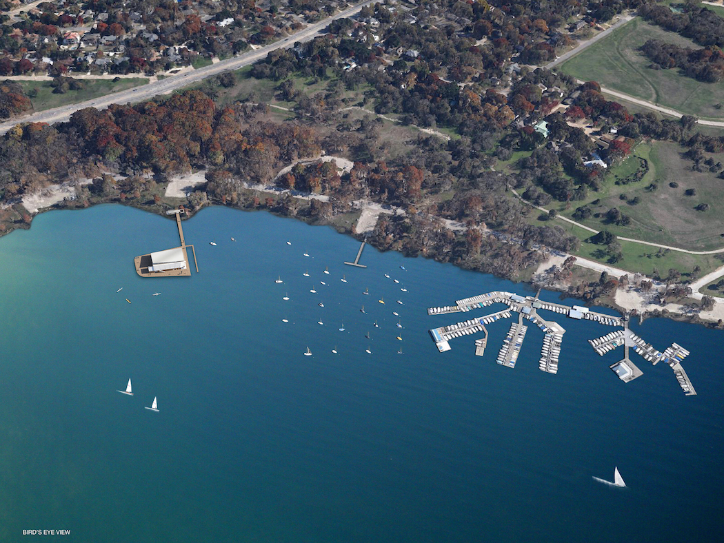 An aerial view of the future White Rock Lake Rowhouse, just north of the Corinthian Sailing Club