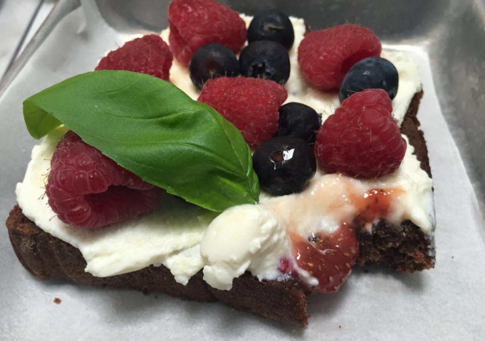 Ricotta, Berries, & Basil on Pumpernickel Toast with homemade Strawberry Jam: Photo from Facebook