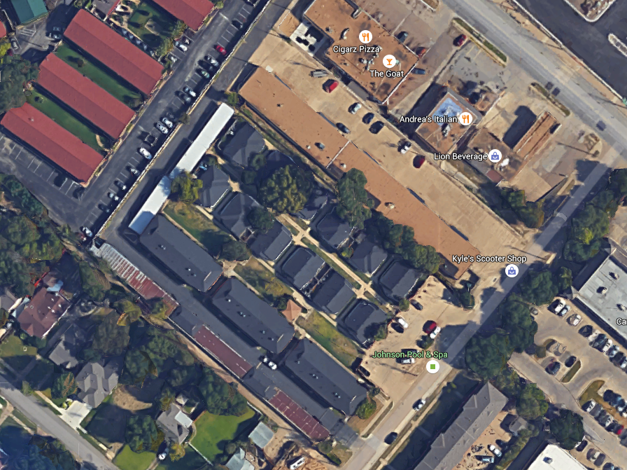 An aerial view of the three apartment buildings and 12 duplex/fourplex buildings being torn down, via Google Earth