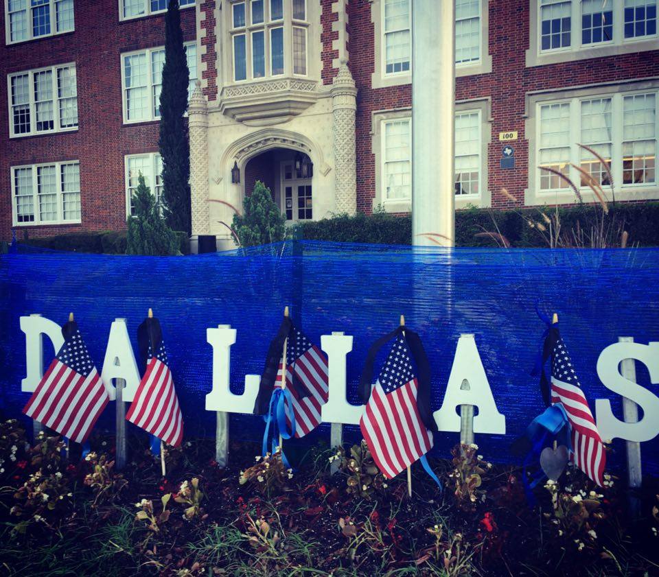 The memorial honoring the five slain officers on display at Woodrow Wilson High School.