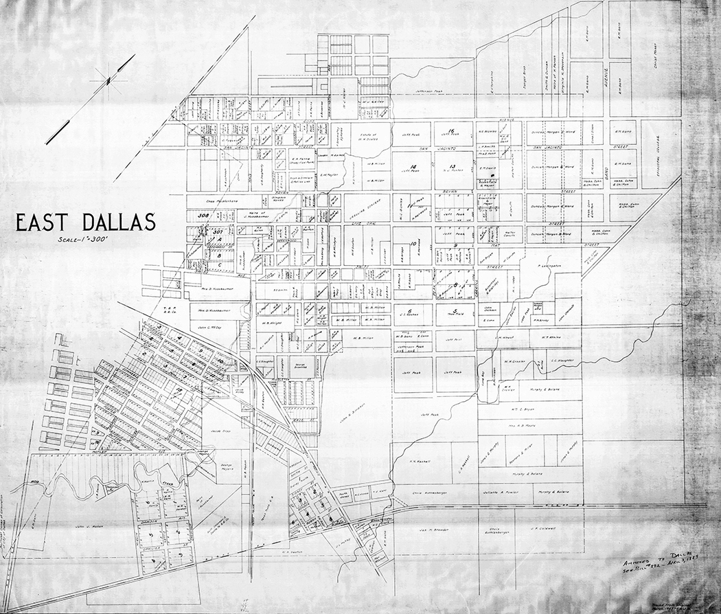 A map of property owners in East Dallas in 1889, one year before it was annexed into the City of Dallas. Courtesy of Dallas Municipal Archives, City of Dallas