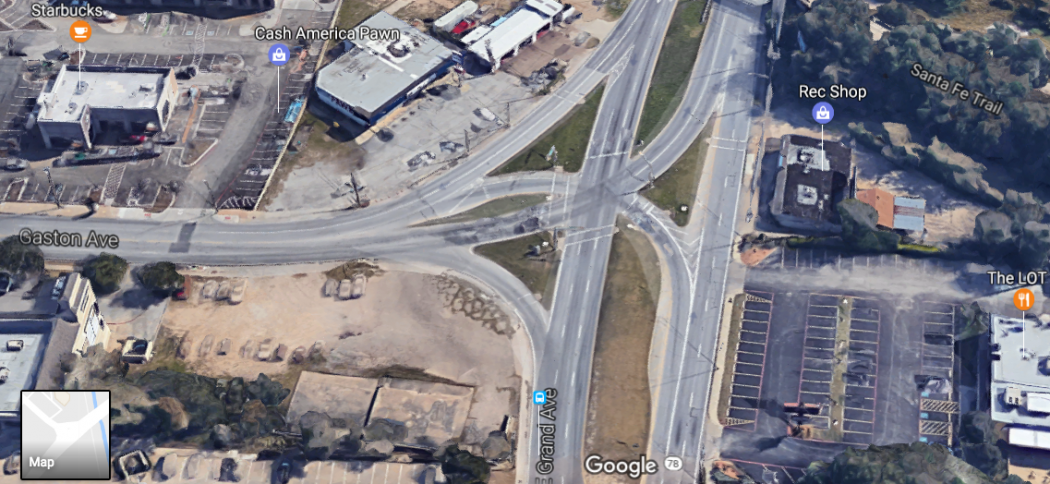 The Garland-Grand-Gaston intersection as it looks today. (Image via Google Maps)