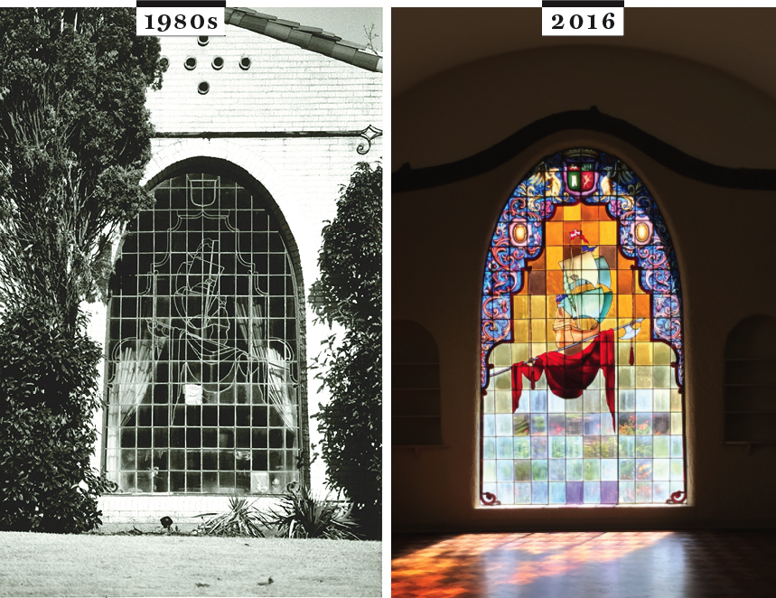 The colorful parabolic window in Outsell House in 1980 and 2017. 2017 Photo by Danny Fulgencio