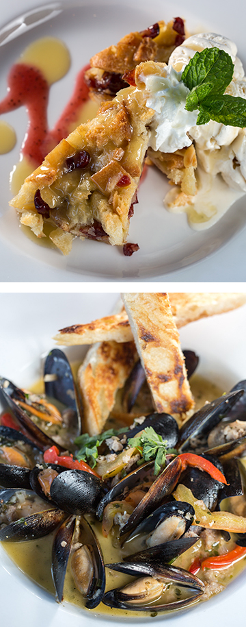 A rich bread pudding and mussels. (Photos by Kathy Tran)