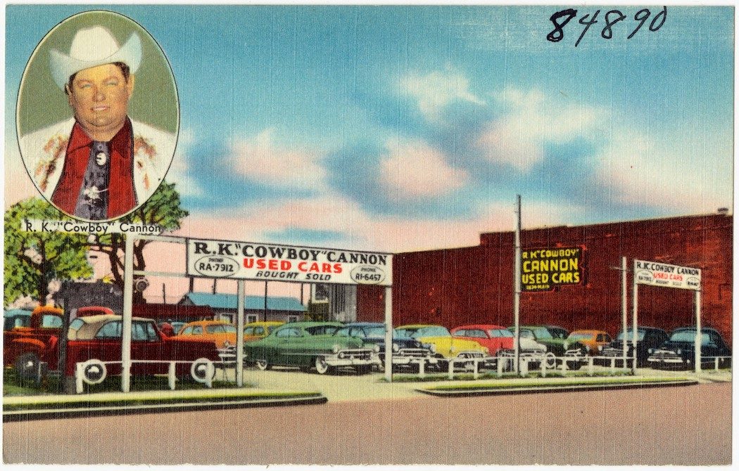 Boss Hogg, Dallas car dealership, vintage postcard