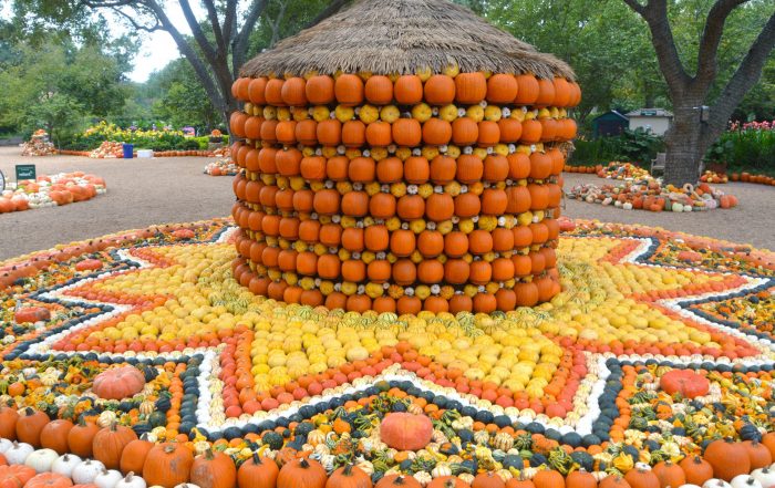 A geometric display of orange, yellow and white pumpkins at the Dallas Arboretum.