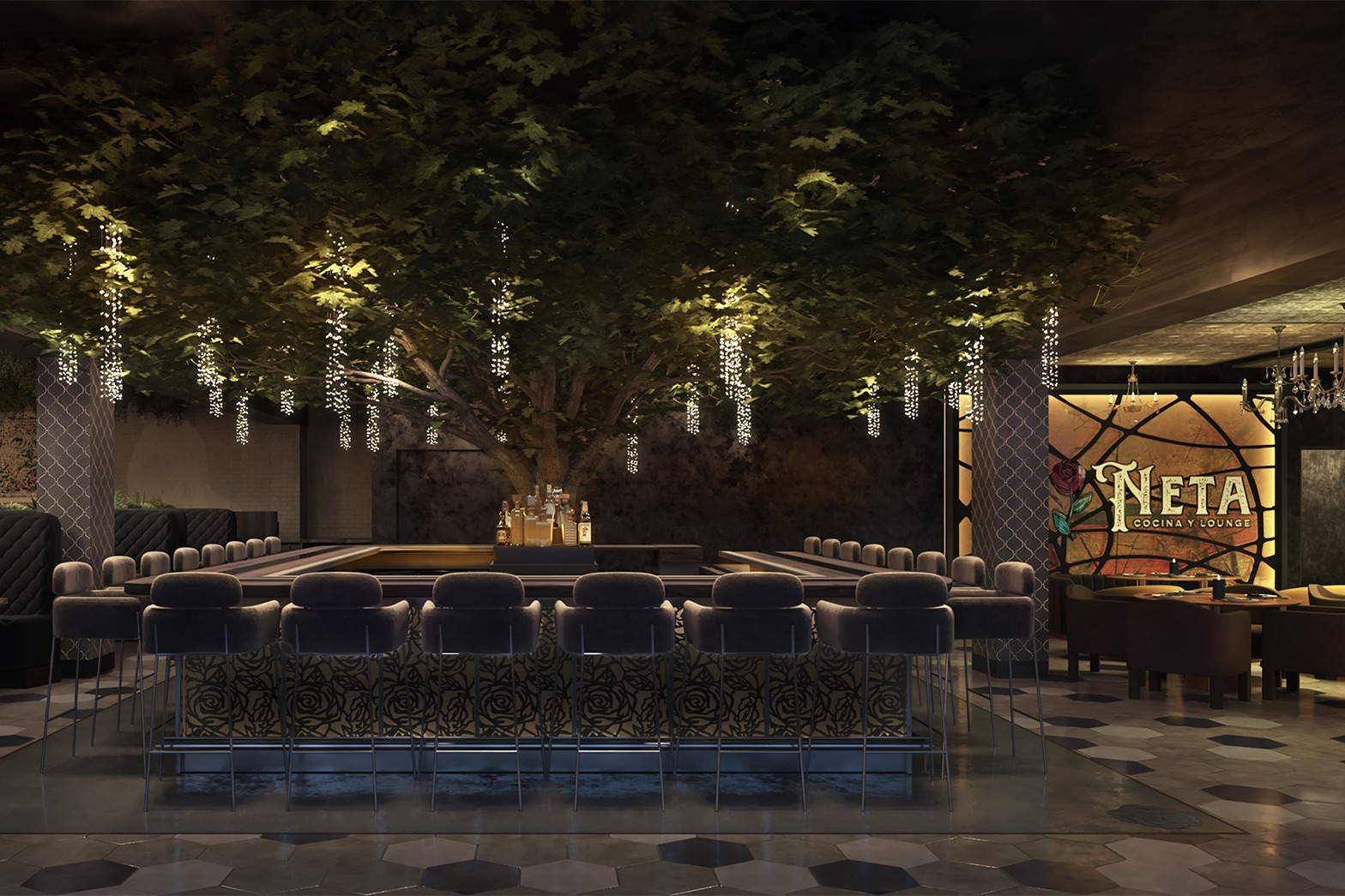 La Neta Cocina y Lounge interior with chairs and greenery overhead