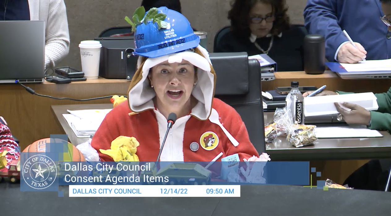 District 9 City Council member Paula Blackmon wears examples of items that collect in White Rock Lake at the Dec. 14 City Council meeting.