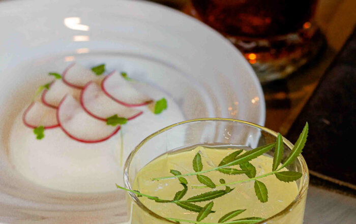 The kingfish ceviche appetizer includes coconut, lime and chili jam. Photography by Kelsey Shoemaker