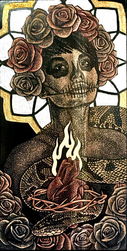 "Passion in the Face of Hindrance" hand-carved, stained wood with gold and silver leafing by Nick Glenn.