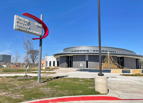Vickery Park library, a circular building surrounded by a concrete sidewalk.